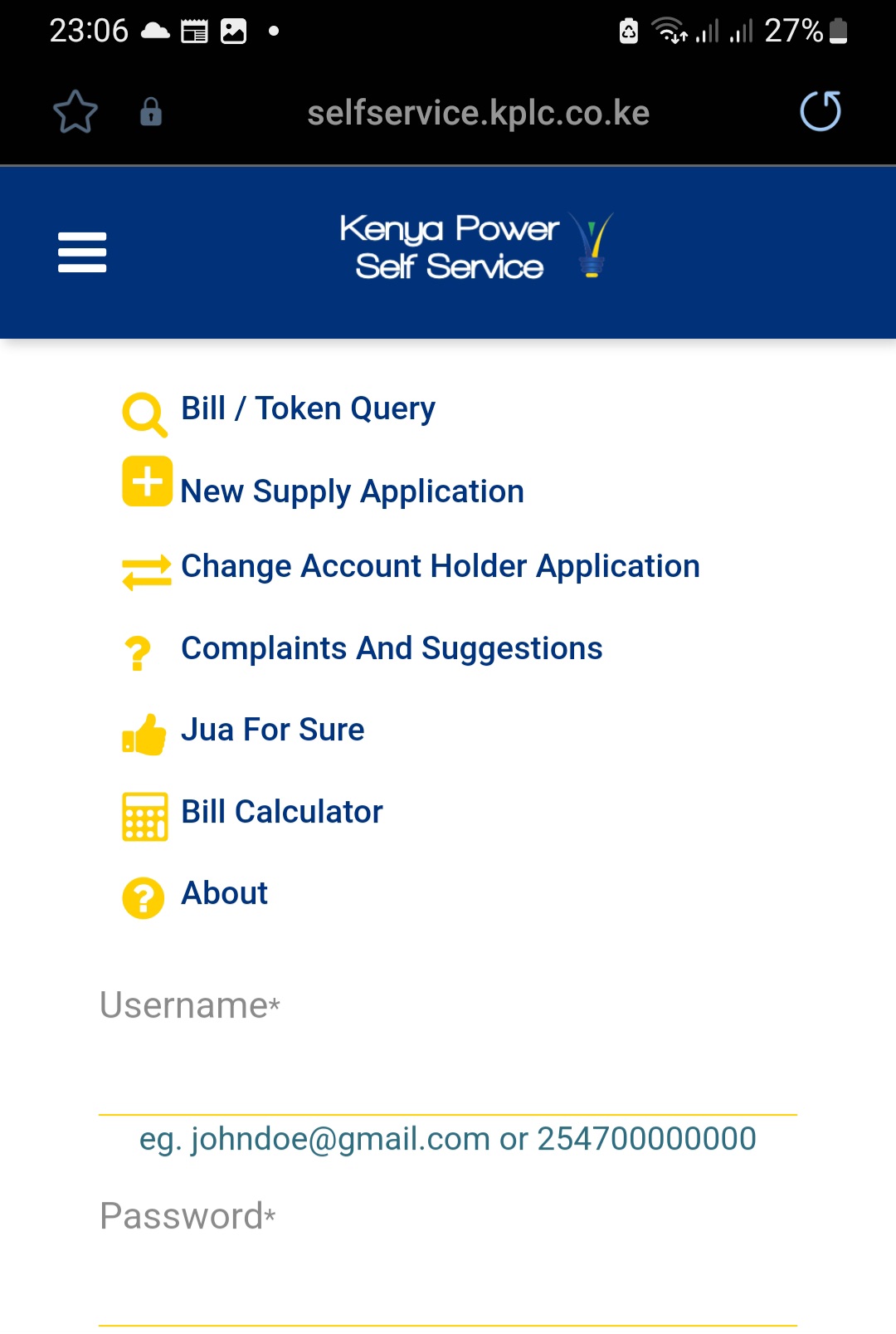 kplc self service page